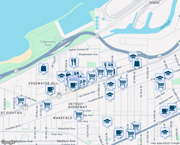 map of restaurants, bars, coffee shops, grocery stores, and more near 1326 West 59th Street in Cleveland