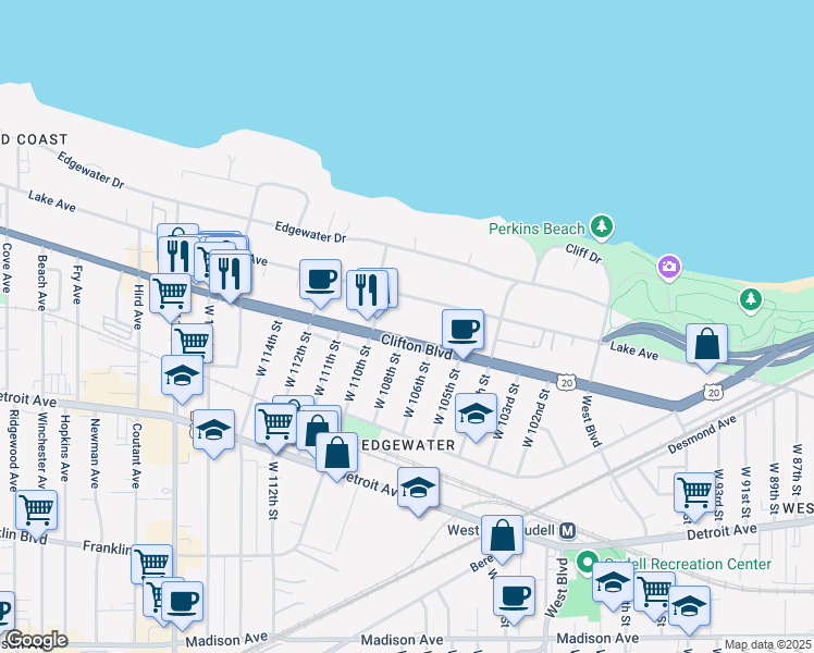 map of restaurants, bars, coffee shops, grocery stores, and more near 10705 Lake Avenue in Cleveland