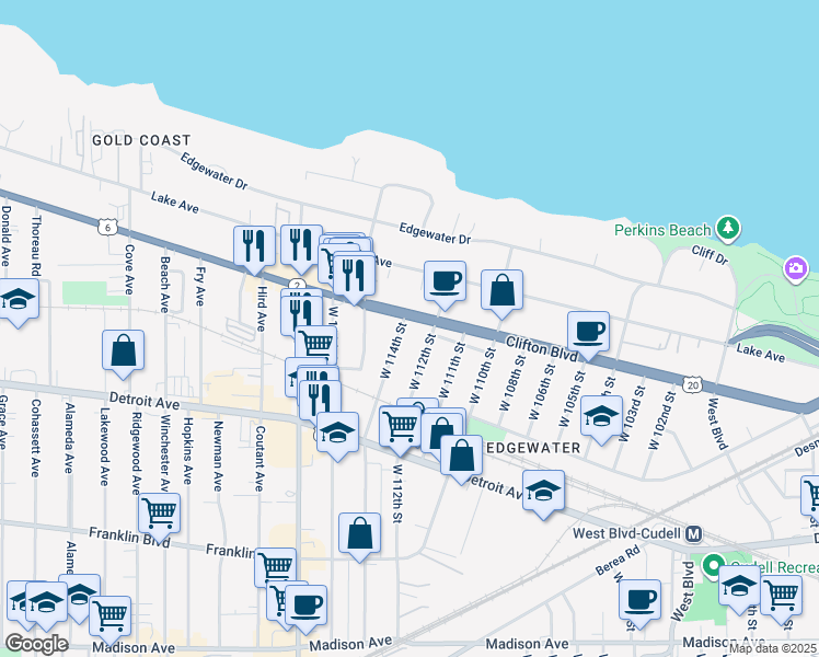 map of restaurants, bars, coffee shops, grocery stores, and more near 11410 U.S. 6 in Cleveland