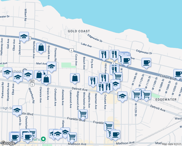 map of restaurants, bars, coffee shops, grocery stores, and more near 1297 Fry Avenue in Lakewood