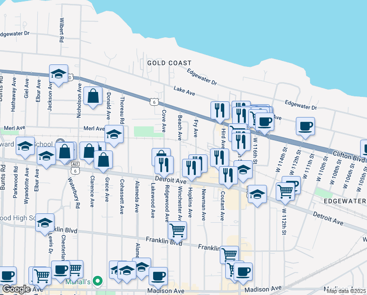 map of restaurants, bars, coffee shops, grocery stores, and more near 1292 Clifton Prado in Lakewood