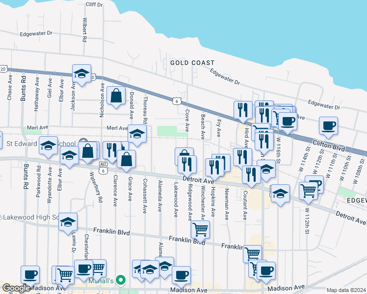 map of restaurants, bars, coffee shops, grocery stores, and more near 1314 Cove Avenue in Lakewood