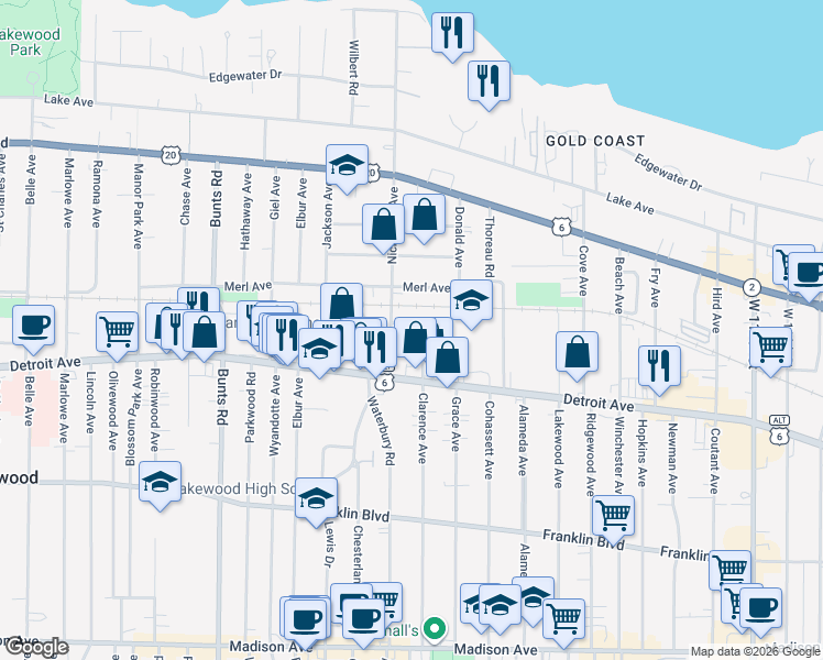 map of restaurants, bars, coffee shops, grocery stores, and more near 13226 Hazelwood Avenue in Lakewood