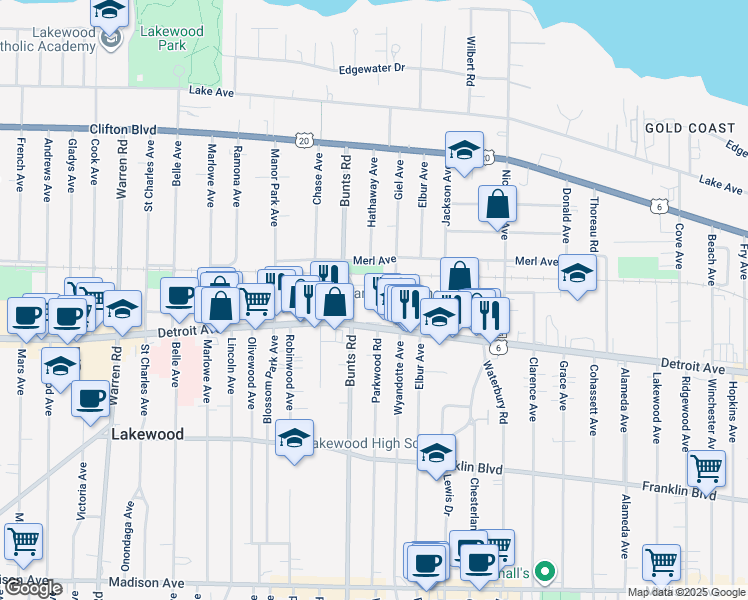 map of restaurants, bars, coffee shops, grocery stores, and more near 1345 Bunts Road in Lakewood