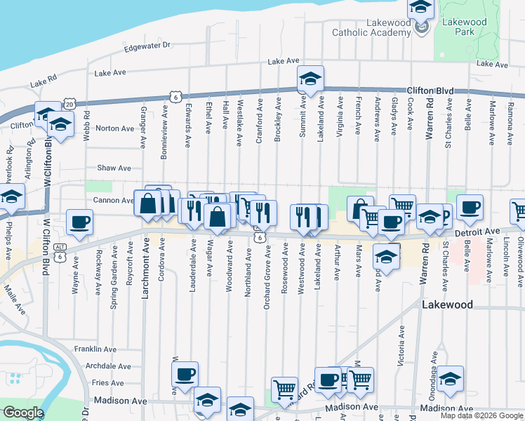 map of restaurants, bars, coffee shops, grocery stores, and more near 1334 Cranford Avenue in Lakewood