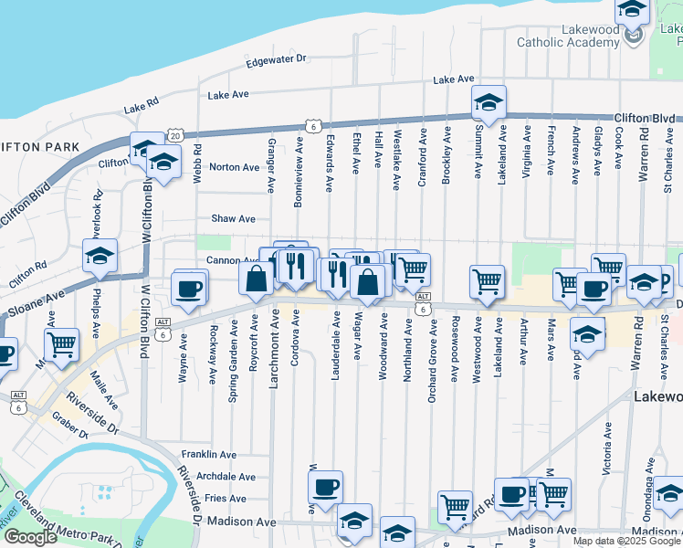 map of restaurants, bars, coffee shops, grocery stores, and more near 1340 Ethel Avenue in Lakewood