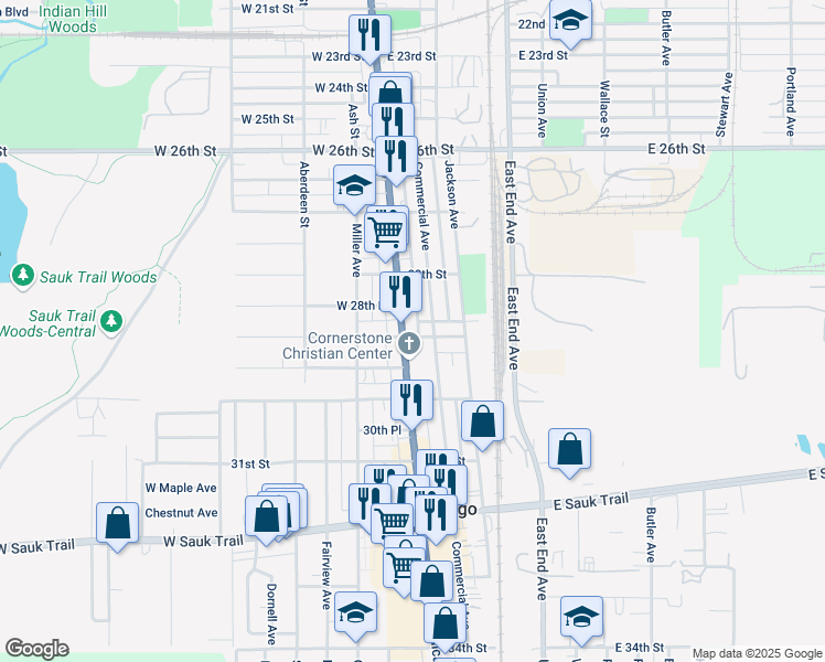 map of restaurants, bars, coffee shops, grocery stores, and more near 2822 Commercial Avenue in South Chicago Heights