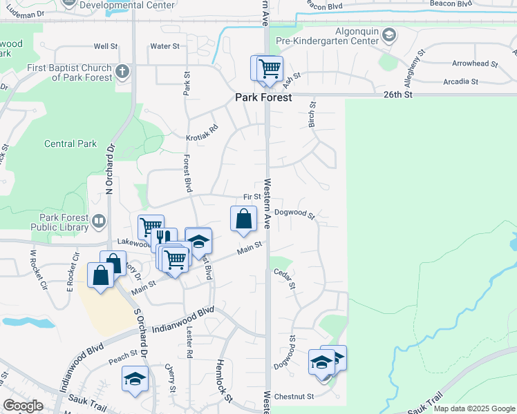 map of restaurants, bars, coffee shops, grocery stores, and more near 30 Fir Street in Park Forest