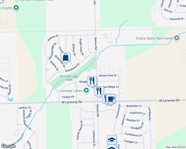 map of restaurants, bars, coffee shops, grocery stores, and more near 1687 Nelson Road in New Lenox