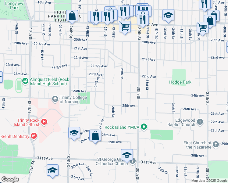 map of restaurants, bars, coffee shops, grocery stores, and more near 43-99 Hillcrest Ct in Rock Island