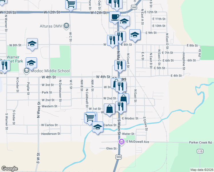 map of restaurants, bars, coffee shops, grocery stores, and more near 398 N Rine St in Alturas