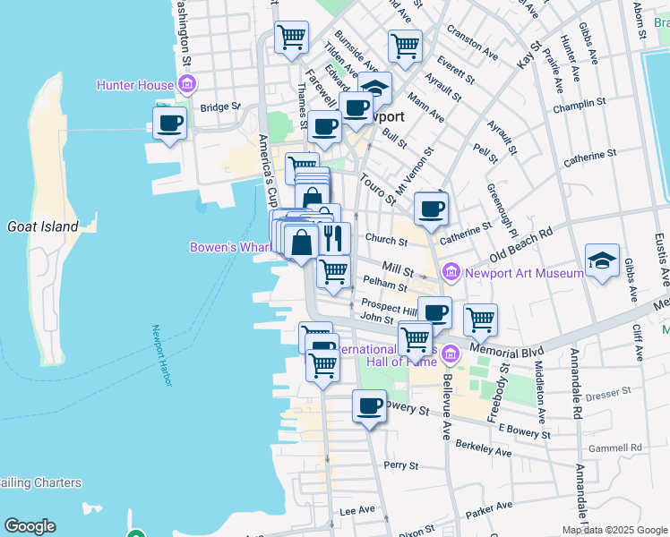 map of restaurants, bars, coffee shops, grocery stores, and more near 14 Mill Street in Newport