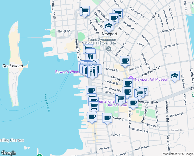 map of restaurants, bars, coffee shops, grocery stores, and more near 14 Mill Street in Newport