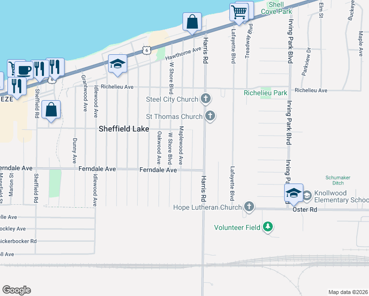 map of restaurants, bars, coffee shops, grocery stores, and more near 715 Maplewood Avenue in Sheffield Lake