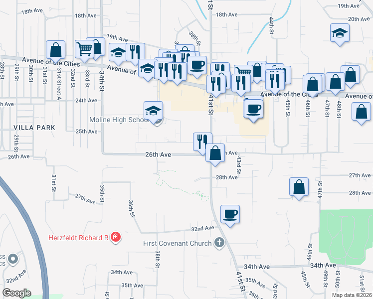 map of restaurants, bars, coffee shops, grocery stores, and more near 3917 26th Avenue in Moline