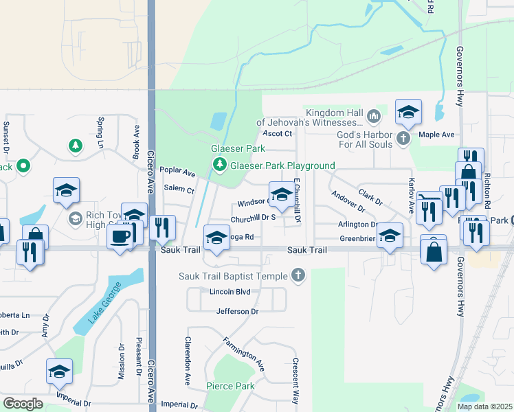 map of restaurants, bars, coffee shops, grocery stores, and more near 4519 Windsor Court in Richton Park