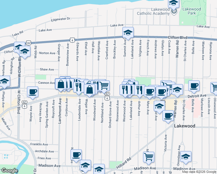 map of restaurants, bars, coffee shops, grocery stores, and more near 1334 Cranford Avenue in Lakewood