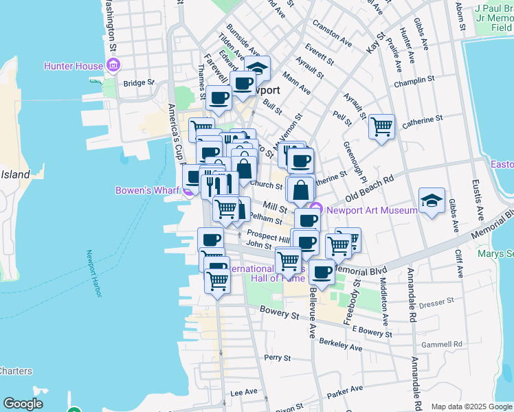 map of restaurants, bars, coffee shops, grocery stores, and more near 95 Church Street in Newport