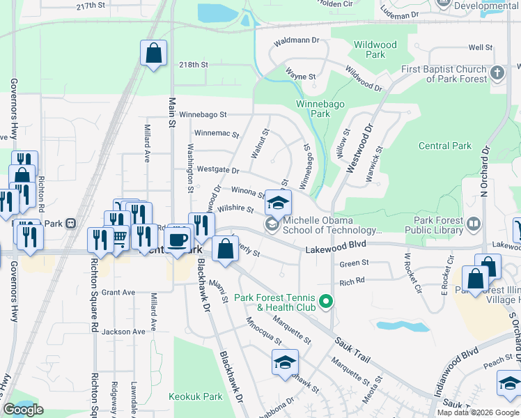 map of restaurants, bars, coffee shops, grocery stores, and more near 354 Wilshire Street in Park Forest