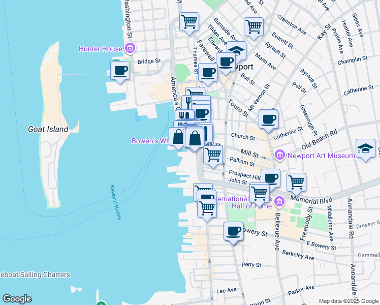 map of restaurants, bars, coffee shops, grocery stores, and more near 25 Bowens Wharf in Newport