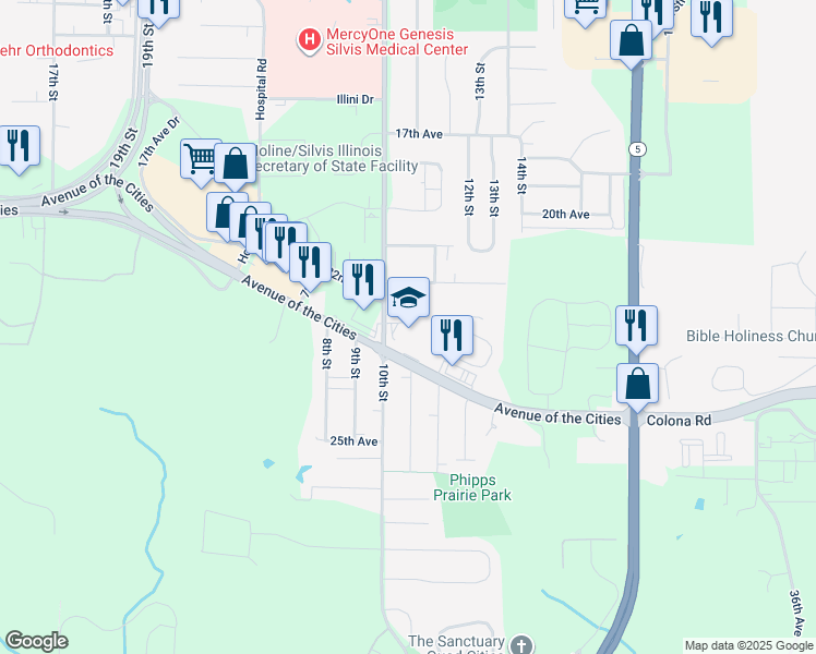 map of restaurants, bars, coffee shops, grocery stores, and more near 2221 10th Street in Silvis