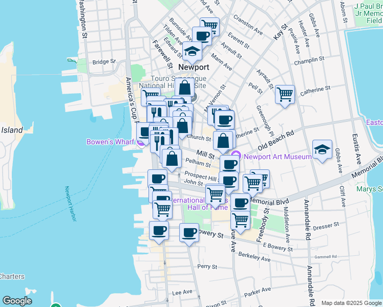 map of restaurants, bars, coffee shops, grocery stores, and more near 83 Mill Street in Newport