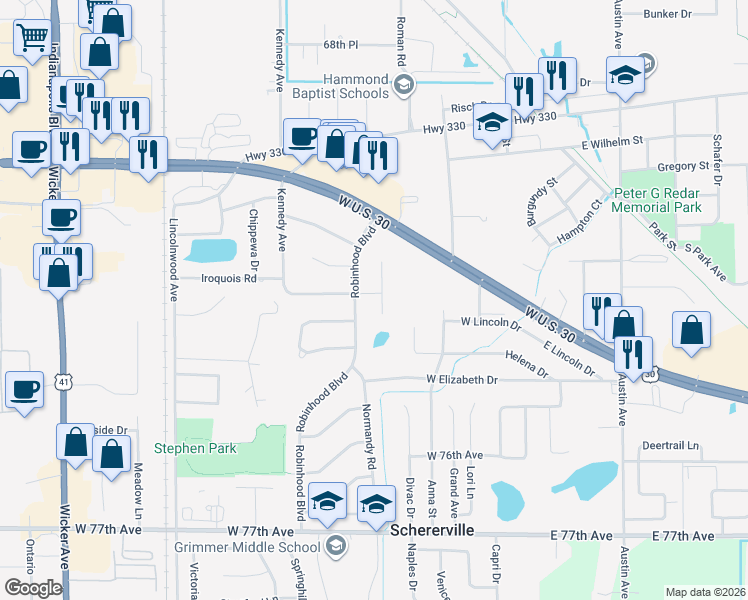 map of restaurants, bars, coffee shops, grocery stores, and more near 1929 Robinhood Blvd in Schererville