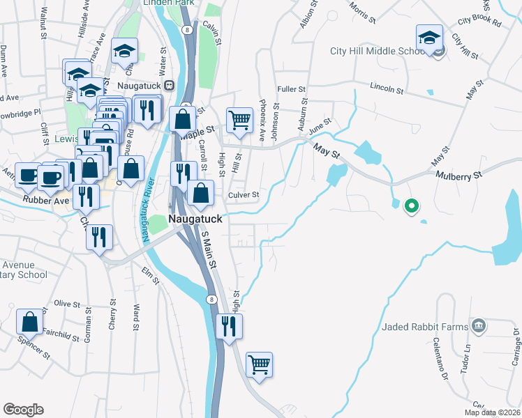 map of restaurants, bars, coffee shops, grocery stores, and more near 41 Culver Street in Naugatuck