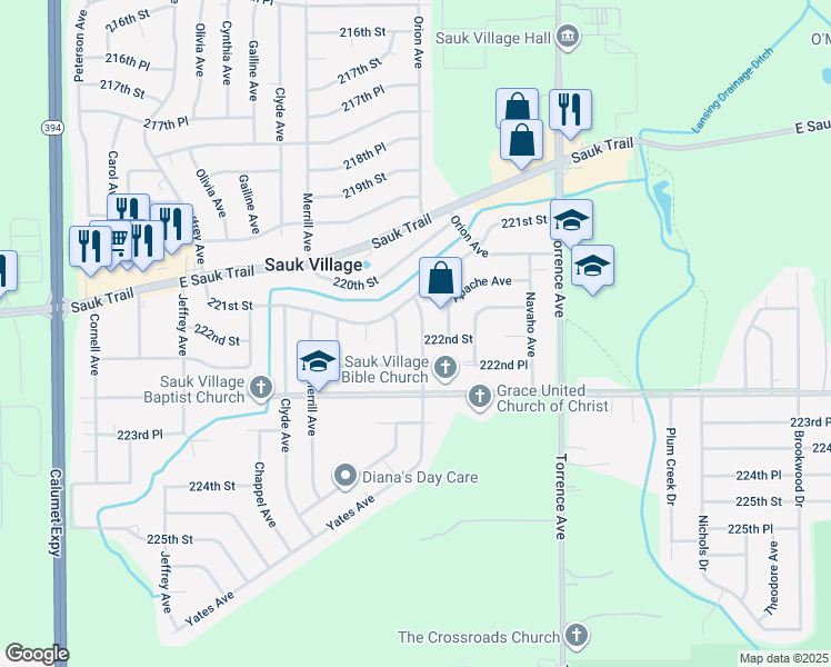 map of restaurants, bars, coffee shops, grocery stores, and more near 22168 Yates Avenue in Sauk Village