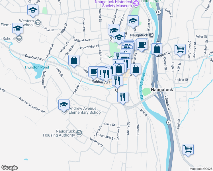 map of restaurants, bars, coffee shops, grocery stores, and more near 130 Rubber Avenue in Naugatuck