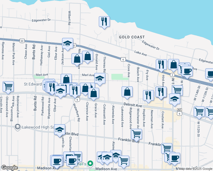 map of restaurants, bars, coffee shops, grocery stores, and more near 1305 Thoreau Road in Lakewood