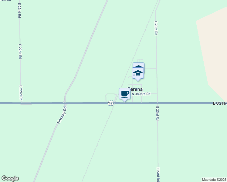 map of restaurants, bars, coffee shops, grocery stores, and more near 2265 North 3806th Road in Serena