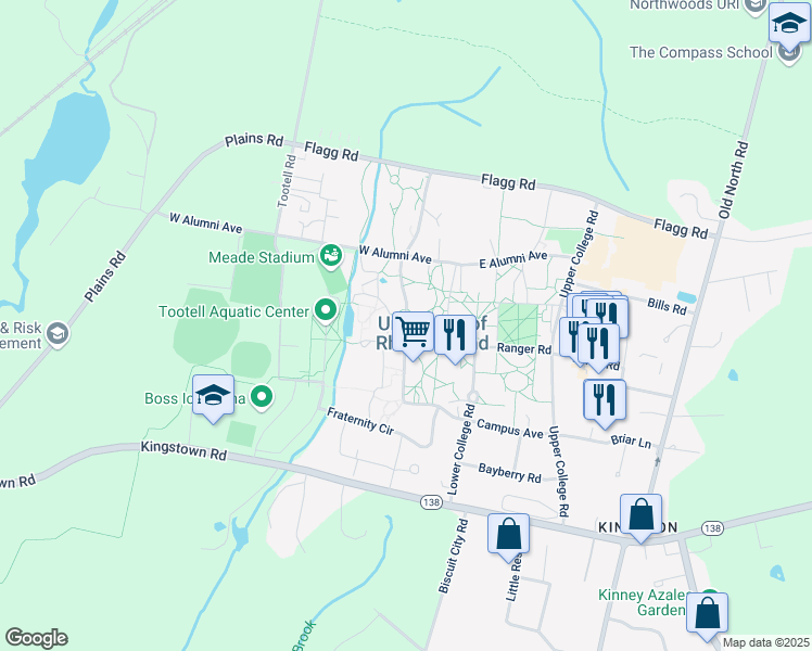map of restaurants, bars, coffee shops, grocery stores, and more near 45 Upper College Road in South Kingstown