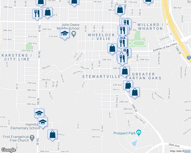 map of restaurants, bars, coffee shops, grocery stores, and more near 2530 13th Street in Moline