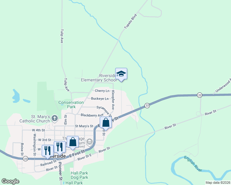 map of restaurants, bars, coffee shops, grocery stores, and more near 117 Kleopfer Avenue in Riverside