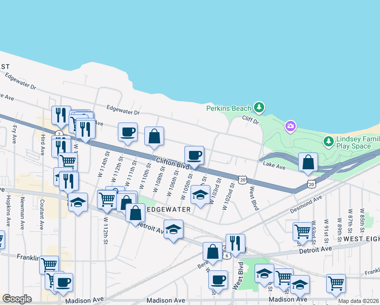 map of restaurants, bars, coffee shops, grocery stores, and more near in Cleveland