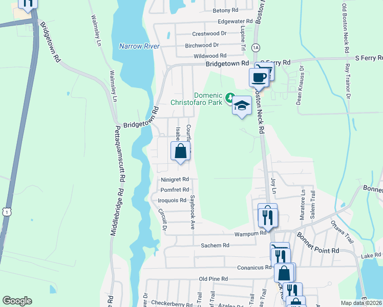 map of restaurants, bars, coffee shops, grocery stores, and more near 30 Courtland Drive in Narragansett