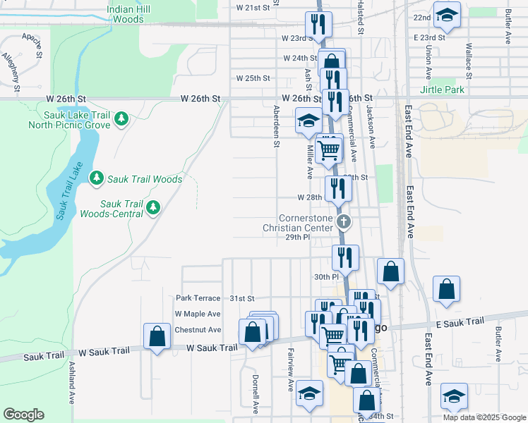 map of restaurants, bars, coffee shops, grocery stores, and more near 200 West 28th Place in South Chicago Heights