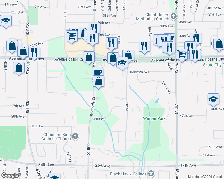 map of restaurants, bars, coffee shops, grocery stores, and more near 348 44th Avenue in East Moline