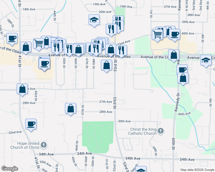 map of restaurants, bars, coffee shops, grocery stores, and more near 5211 25th Avenue Court in Moline