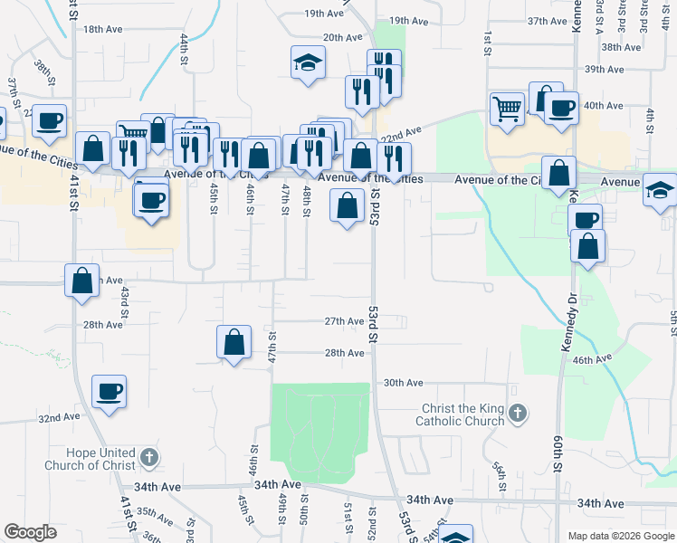 map of restaurants, bars, coffee shops, grocery stores, and more near 5101 25th Avenue Court in Moline