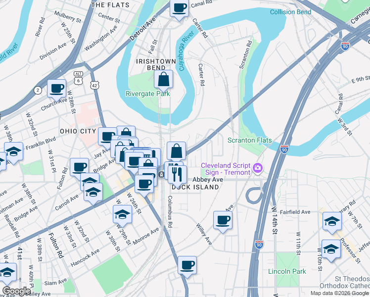 map of restaurants, bars, coffee shops, grocery stores, and more near 2020 Lorain Avenue in Cleveland
