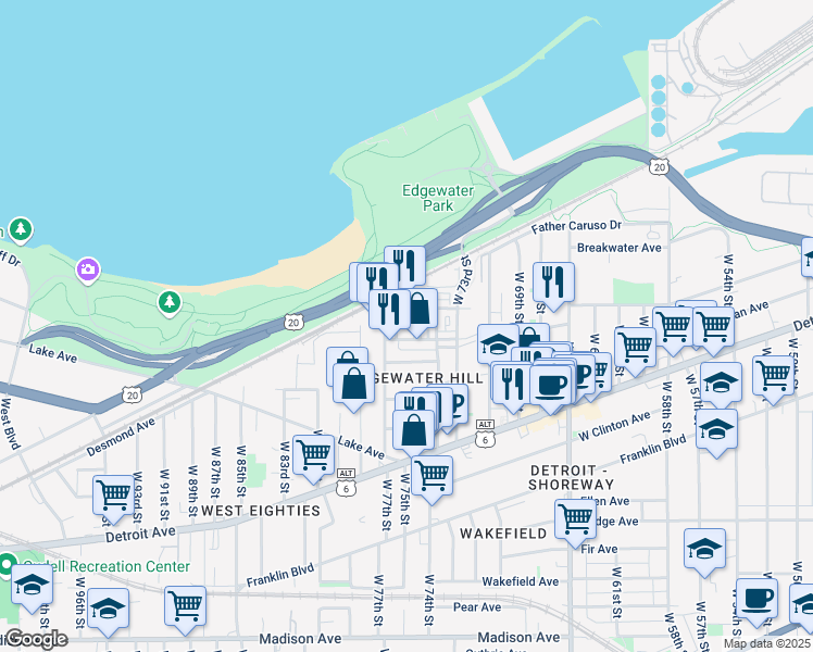 map of restaurants, bars, coffee shops, grocery stores, and more near 1250 West 75th Street in Cleveland