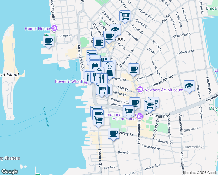 map of restaurants, bars, coffee shops, grocery stores, and more near in Newport