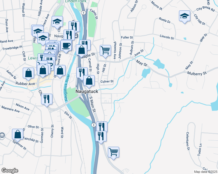 map of restaurants, bars, coffee shops, grocery stores, and more near 62 Homestead Avenue in Naugatuck