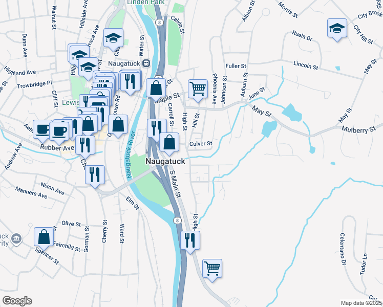 map of restaurants, bars, coffee shops, grocery stores, and more near 6 Culver Street in Naugatuck