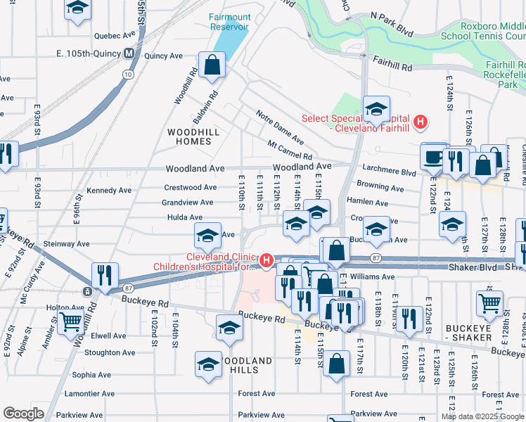 map of restaurants, bars, coffee shops, grocery stores, and more near 2649 East 111th Street in Cleveland