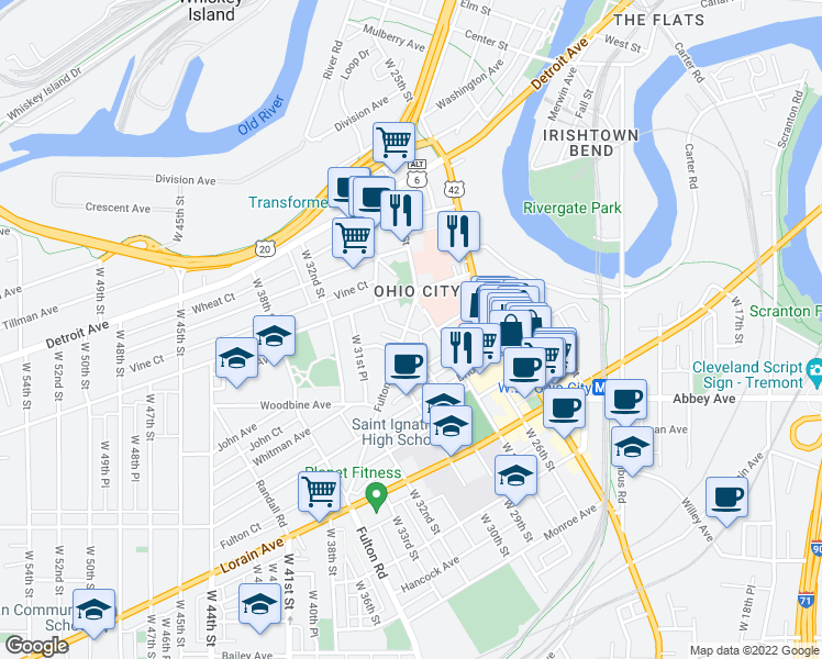 map of restaurants, bars, coffee shops, grocery stores, and more near in Cleveland