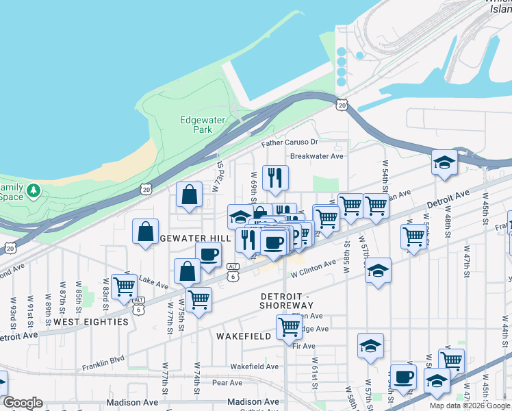 map of restaurants, bars, coffee shops, grocery stores, and more near 1271 West 69th Street in Cleveland