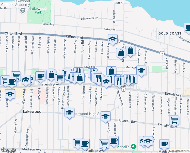 map of restaurants, bars, coffee shops, grocery stores, and more near 1346 Giel Avenue in Lakewood